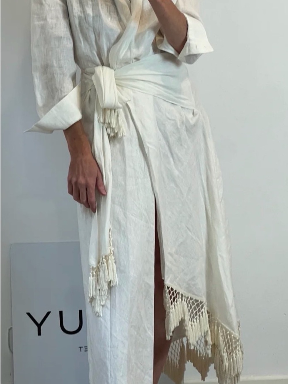 Zara Linen Ivory Tassel-Trim Wrap Maxi dress